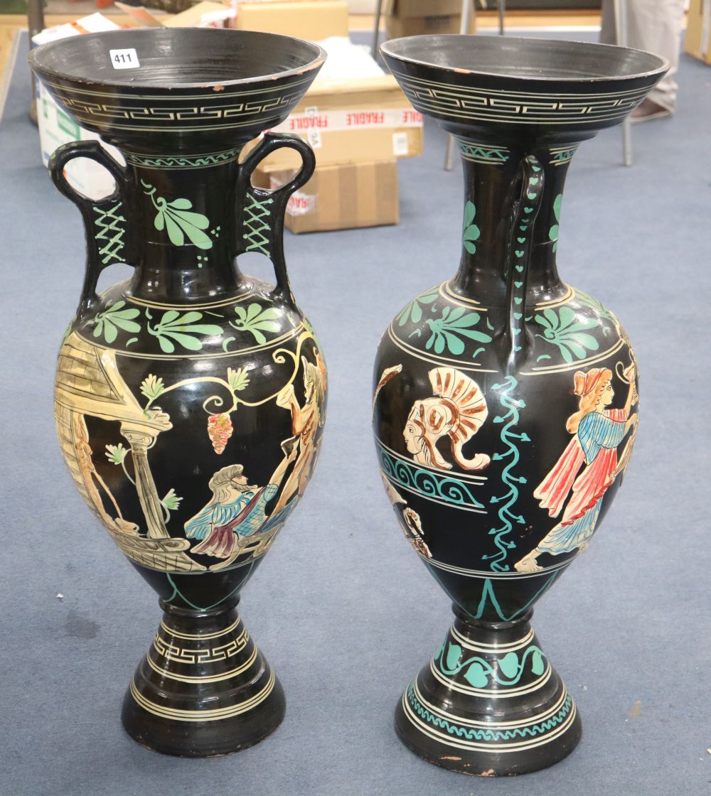 A pair of large Etruscan design terracotta floor vases, height 81cm